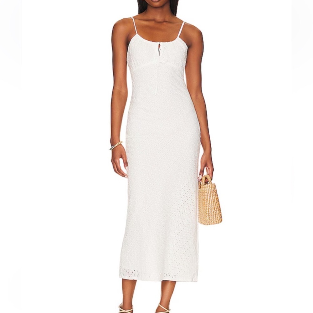 Women's White Eyelet Midi Dress - Sleeveless Spaghetti Strap
